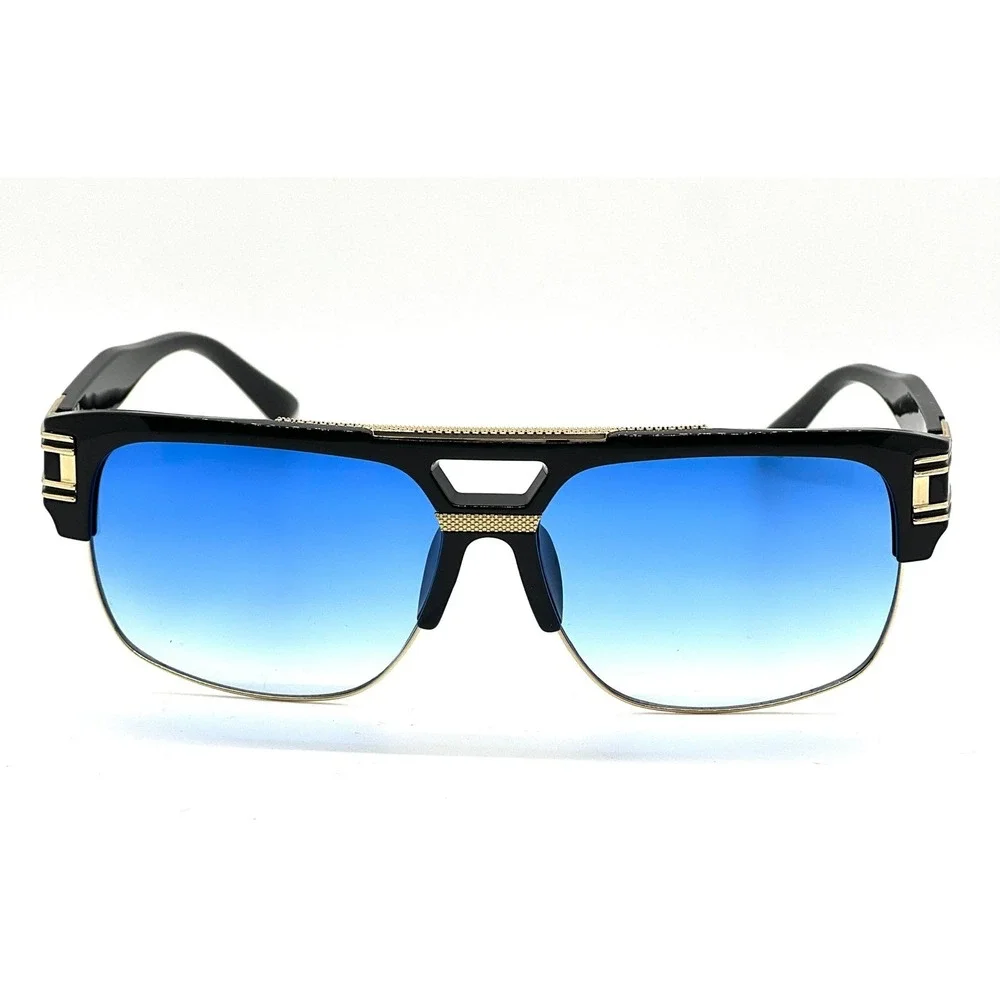Designer Sunglasses Oversized Square Flat Top Gold Accent Blue Lens Retro Vintag